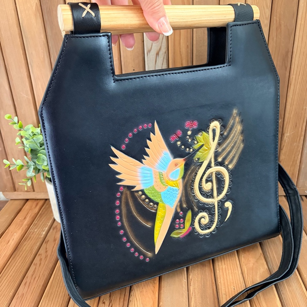 Hand painted Black Leather Hummingbird Music Tote Wood Handles Artisan Crossbody - Picture 2 of 12